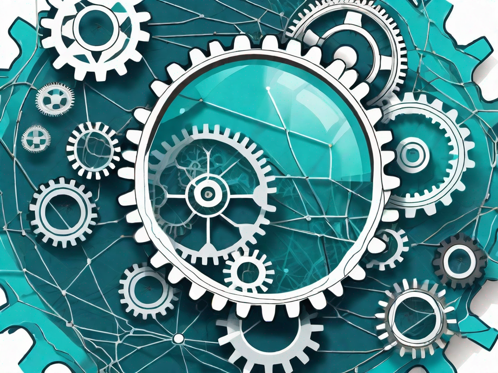 A magnifying glass hovering over a complex network of interconnected gears that represent different industries