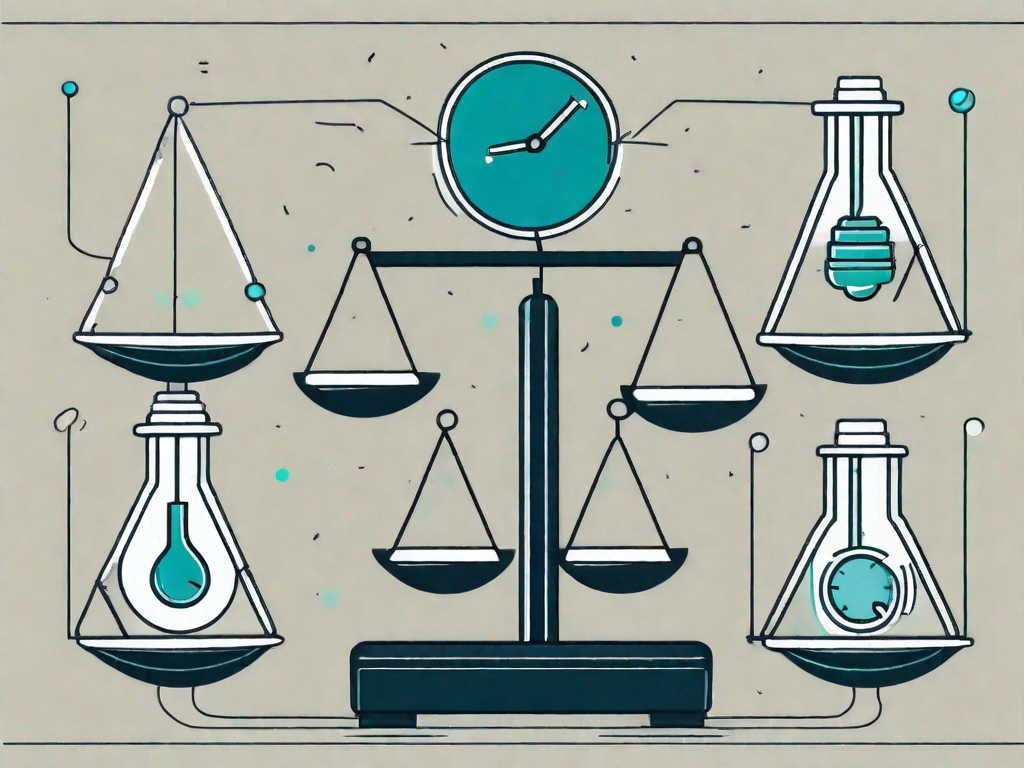 A balanced scale with business icons (like a graph