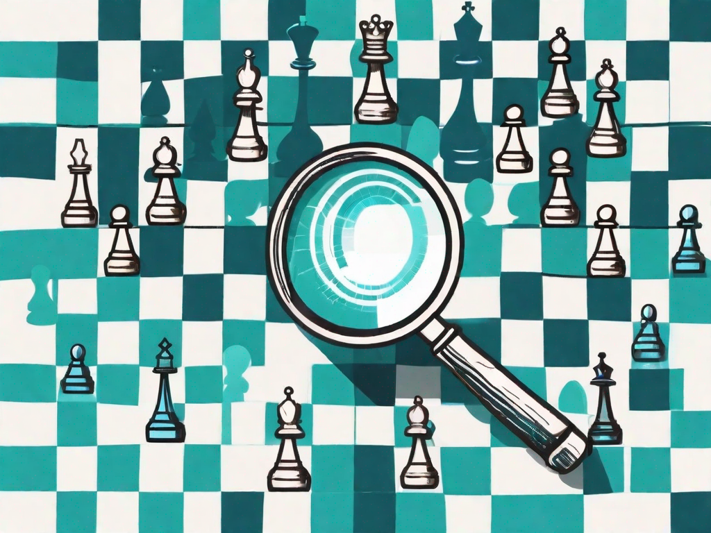 A magnifying glass hovering over a chessboard