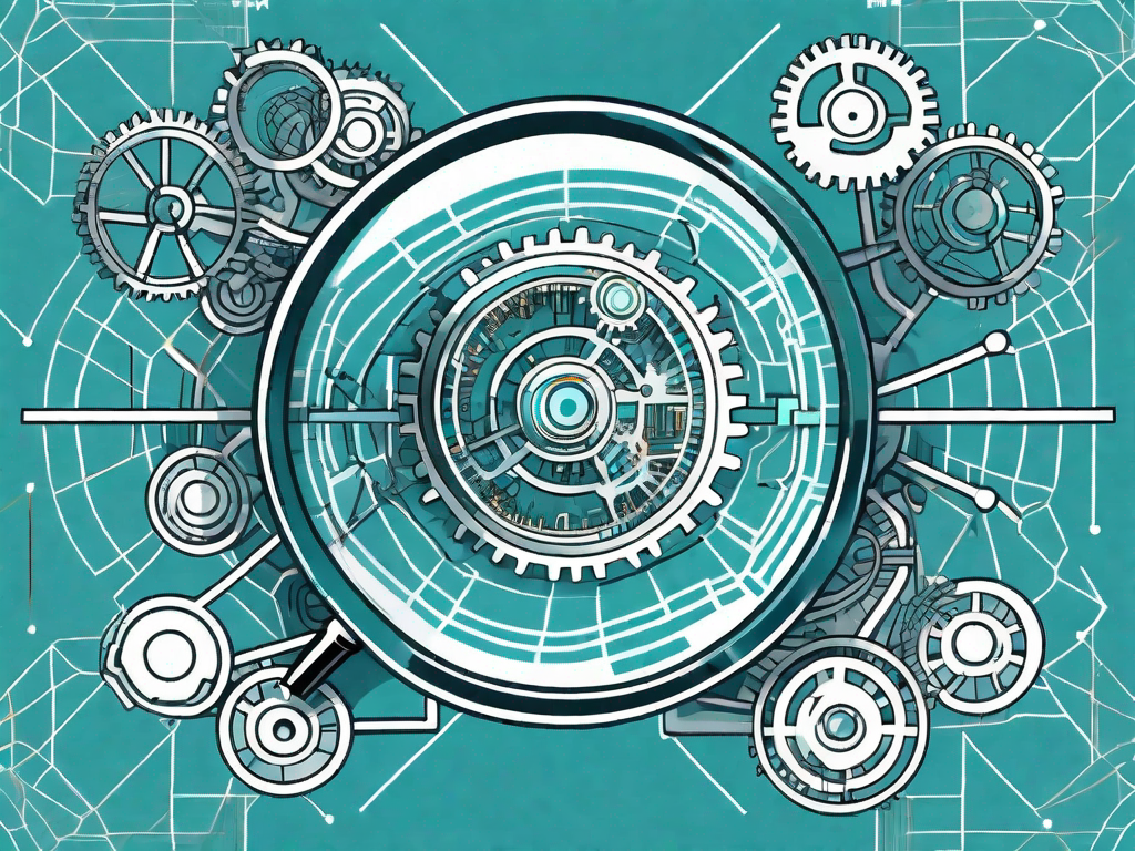 A magnifying glass hovering over a complex network of interconnected gears and circuits