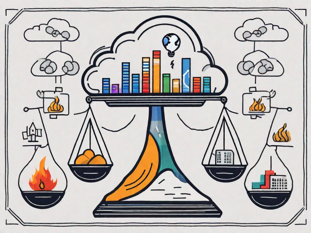 A balanced scale with various business-related icons (like a graph