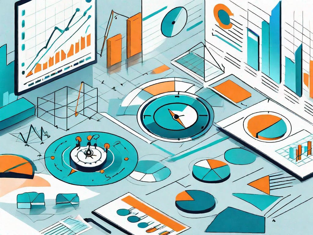 A dynamic market scene with various symbolic elements like graphs