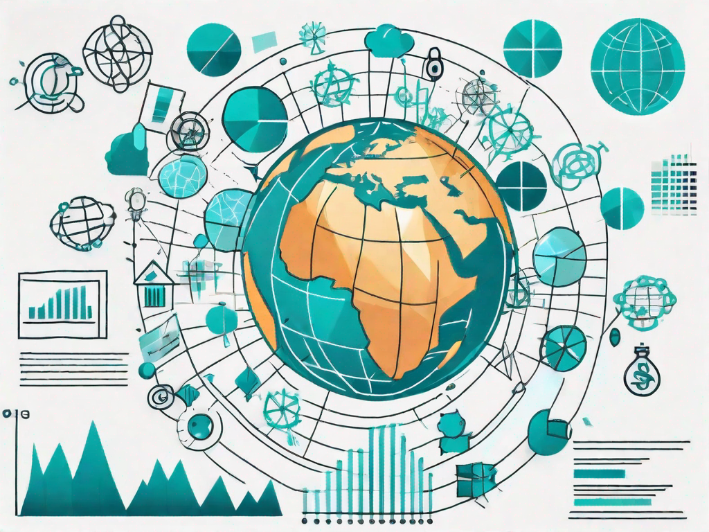 A globe with various business-related icons (like graphs