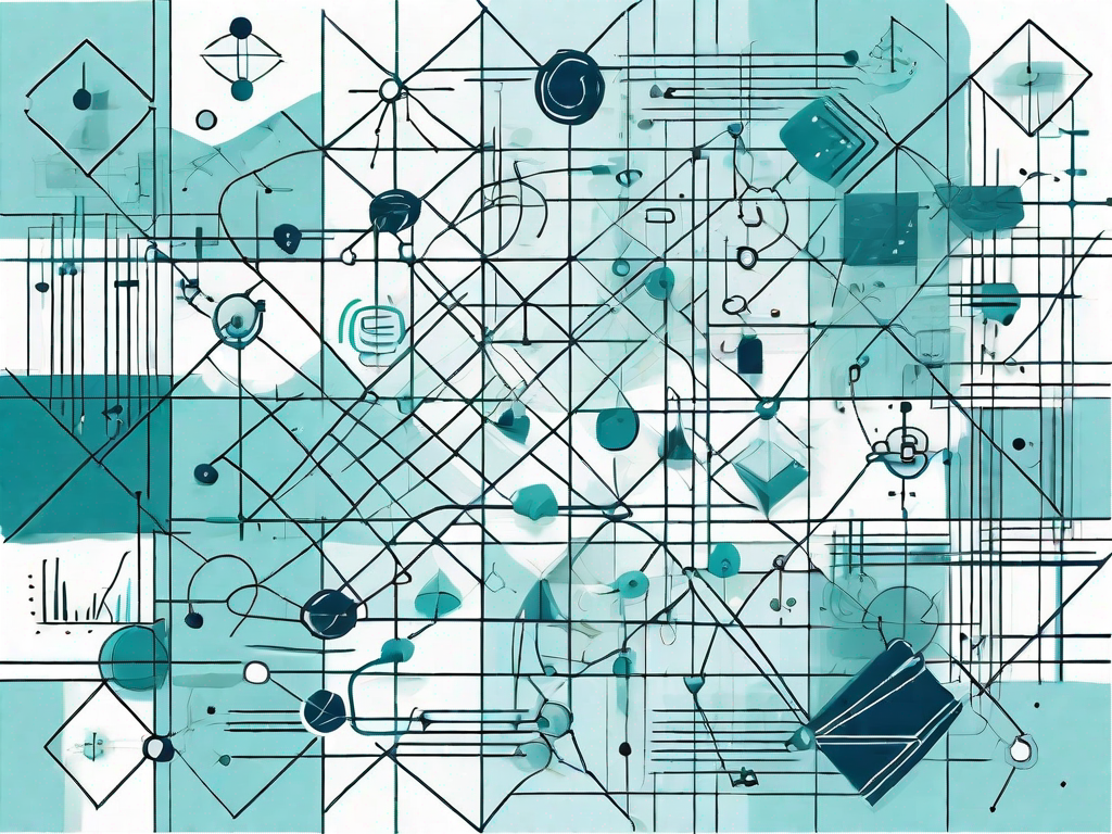 A complex matrix grid with various abstract symbols representing different business elements