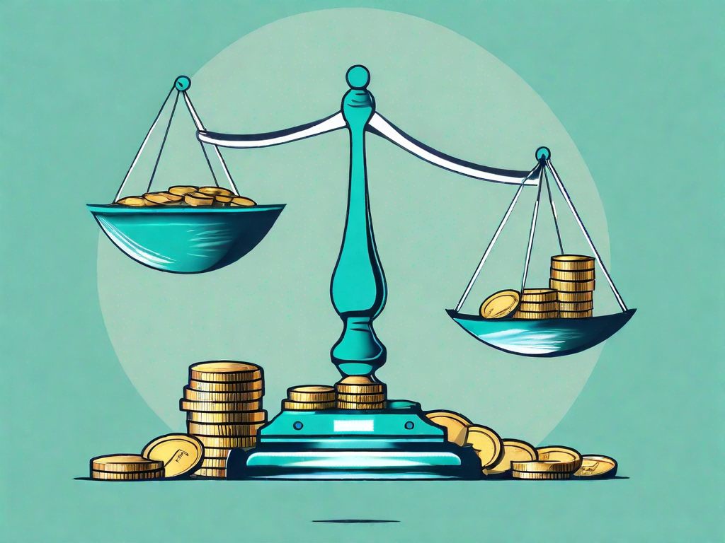 A balanced scale with a pile of coins on one side representing profits and a collection of various business tools on the other side