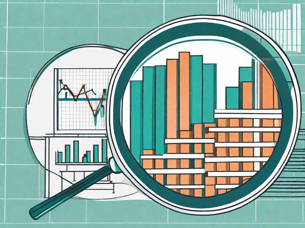 A magnifying glass hovering over a pie chart and bar graph