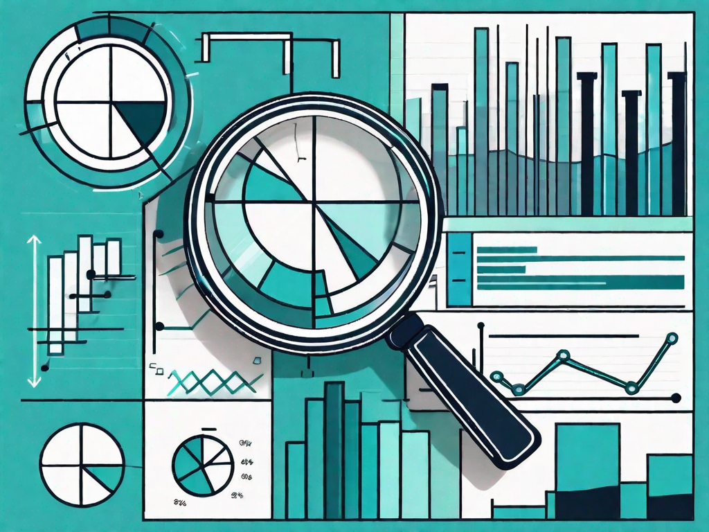 A magnifying glass focusing on a pie chart and bar graphs