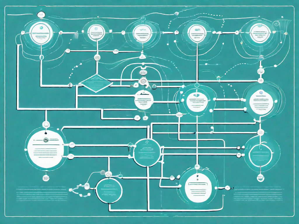 A complex flowchart with various interconnected nodes and pathways