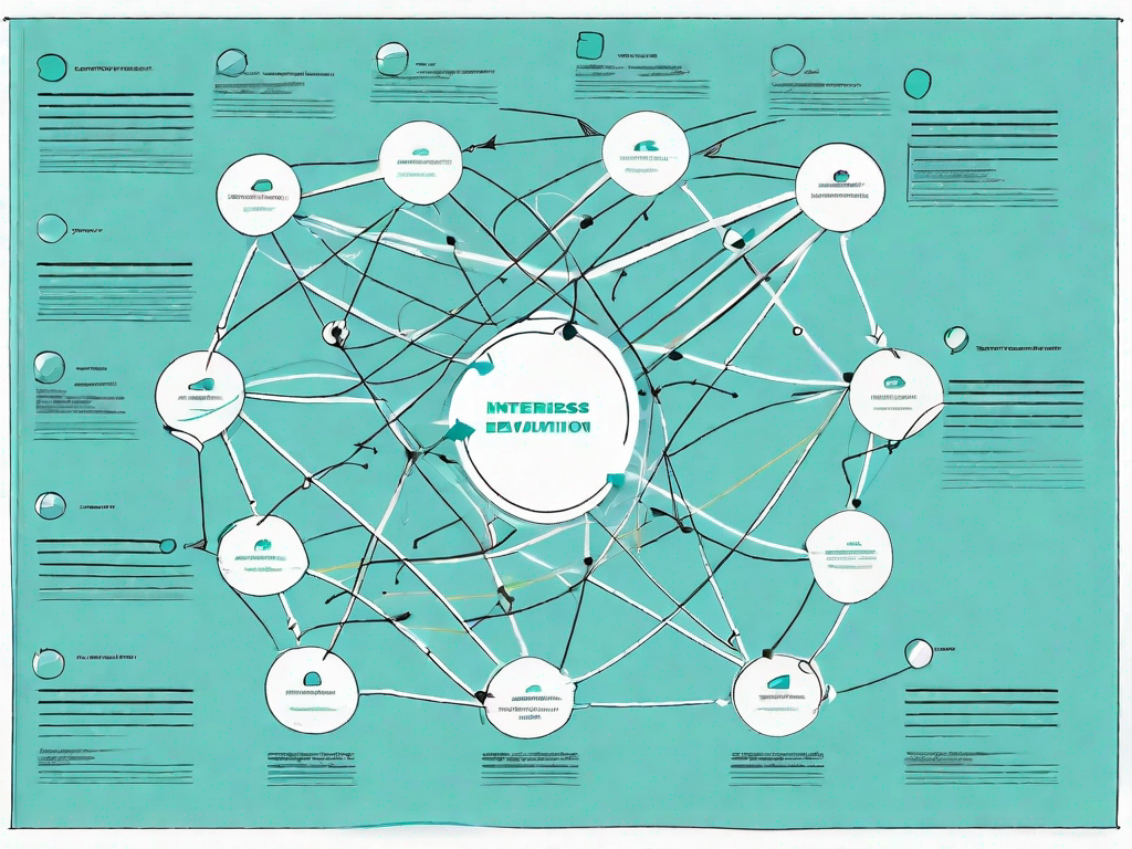 A pert (program evaluation review technique) chart with interconnected nodes and arrows