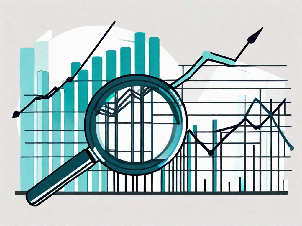 A magnifying glass focusing on a bar graph and pie chart