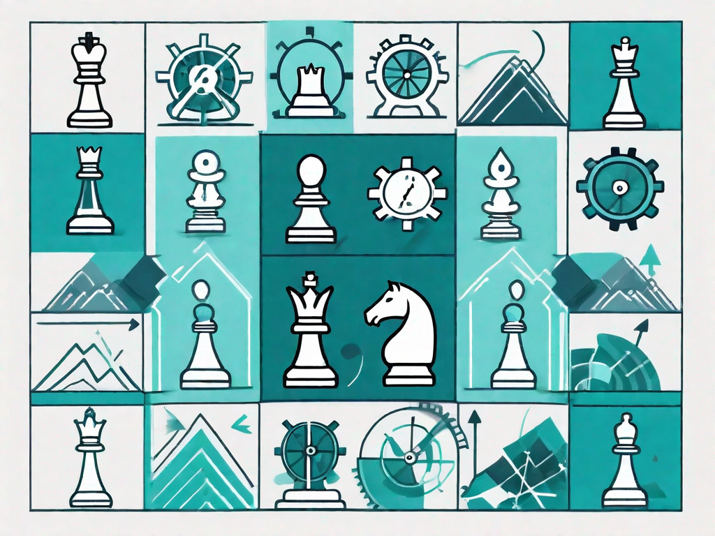 A chessboard with various business-related icons like graphs