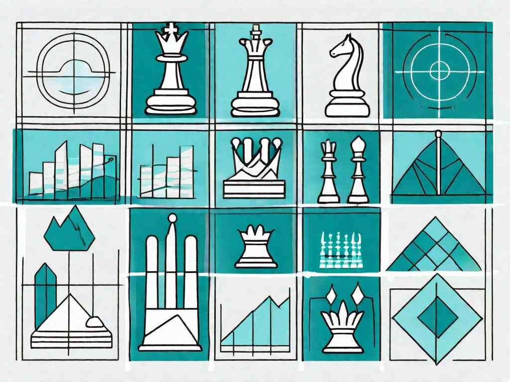 A chessboard with various business-related symbols such as graphs