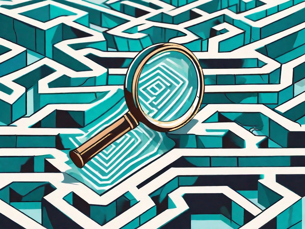 A magnifying glass over a complex maze that leads to a treasure chest