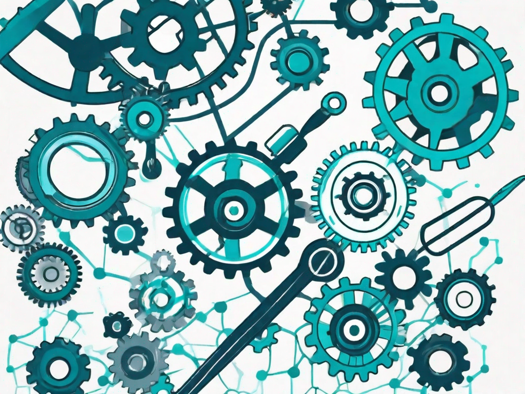 Various interconnected gears and tools symbolizing the process of requirements analysis and design definition in business analysis