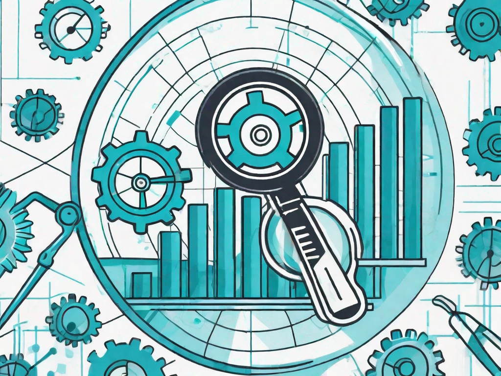 A magnifying glass zooming in on a growing bar graph