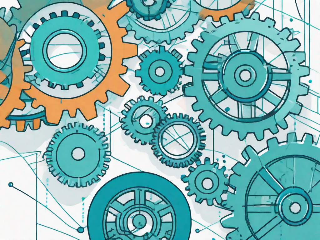 Various interconnected gears representing different stages of the requirements life cycle management process