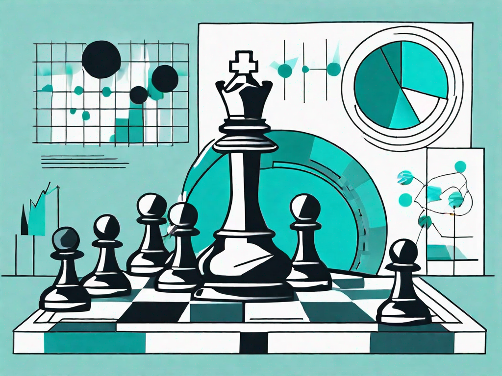 A chessboard with various business-related items like graphs