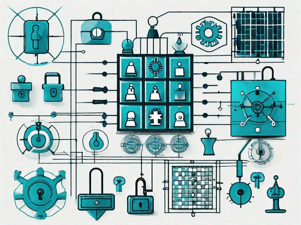 A complex grid or matrix with various symbolic icons representing different roles (like a chess piece for strategy