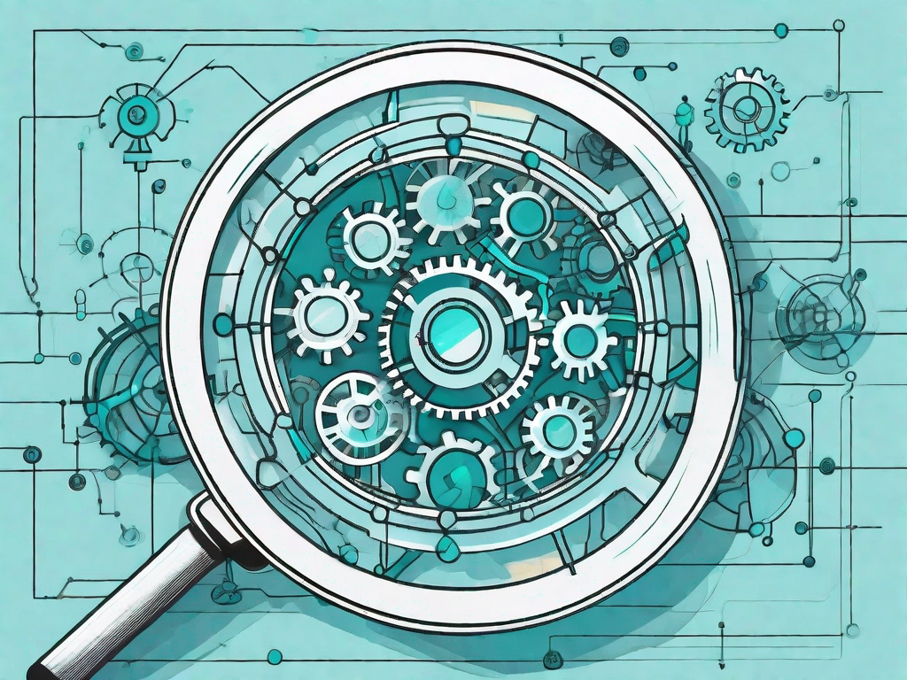 A magnifying glass hovering over a complex flowchart or network of interconnected gears