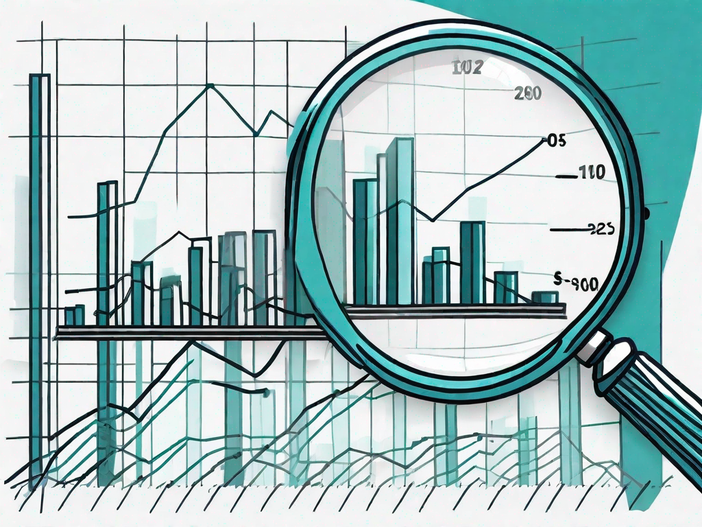 A magnifying glass focusing on a bar graph with fluctuating values