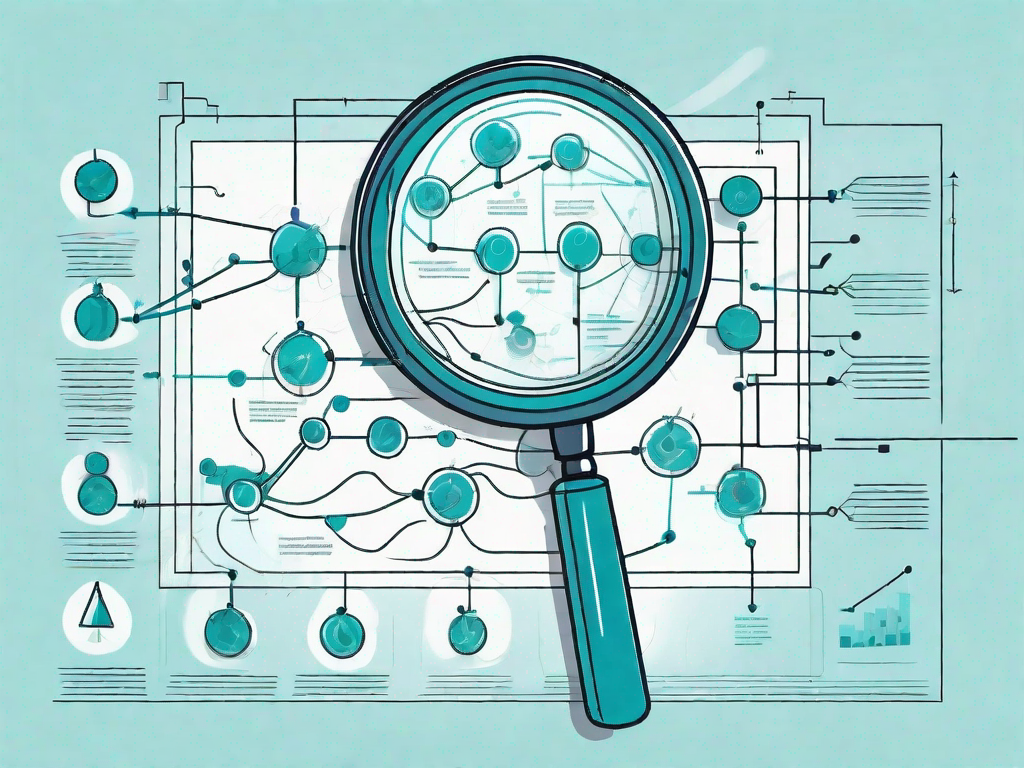 A magnifying glass hovering over a complex flowchart