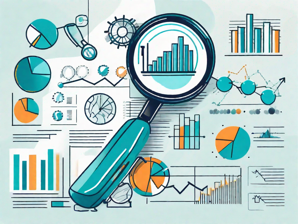 A magnifying glass focusing on various business icons like graphs