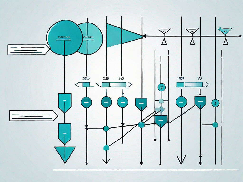 A sequence diagram with different shapes symbolizing various business processes and interactions