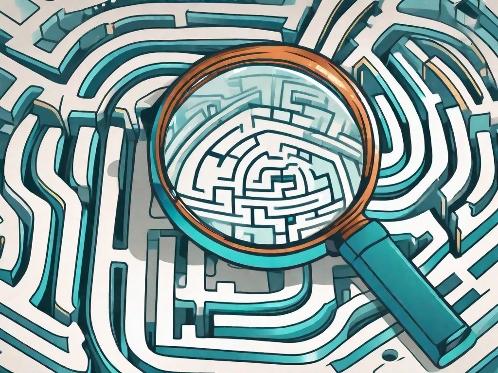 A magnifying glass hovering over a complex maze