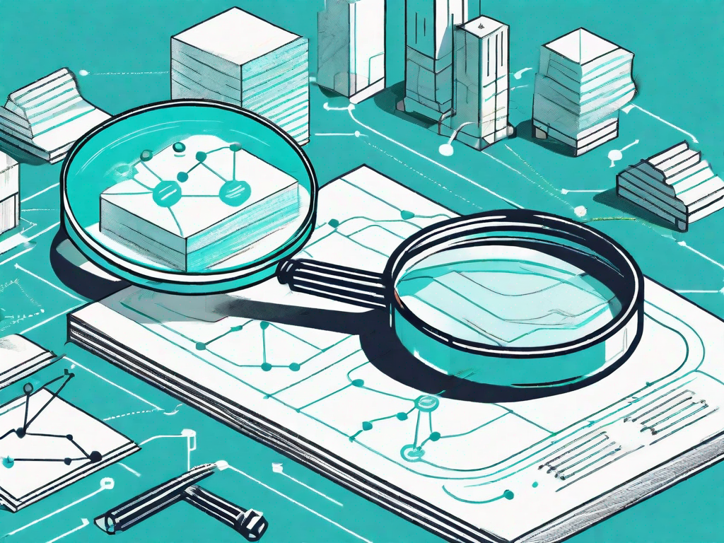 A magnifying glass hovering over a complex flowchart