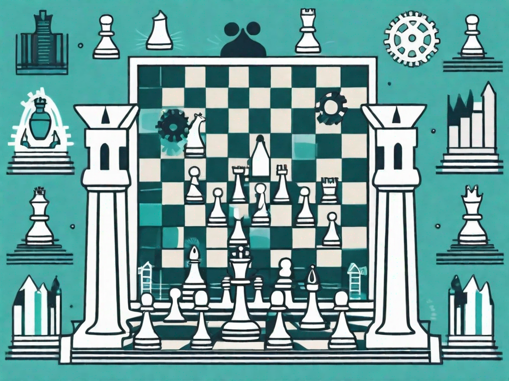 A chessboard with various business-related icons such as buildings