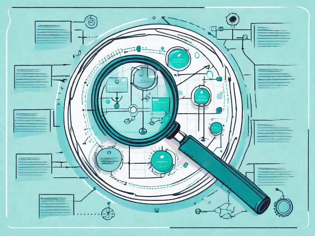 A magnifying glass hovering over a complex flowchart representing various business processes and requirements