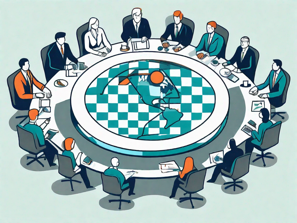 A large round table with different symbolic items (like a chess piece