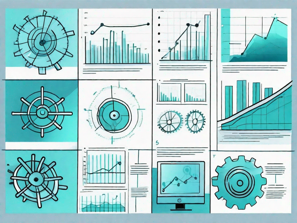 A storyboard with various business-related symbols like graphs