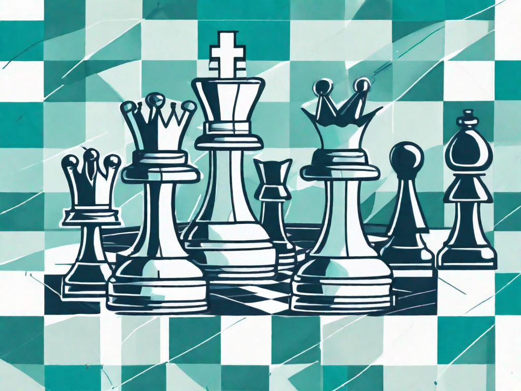 A chessboard with various business-related icons like a graph