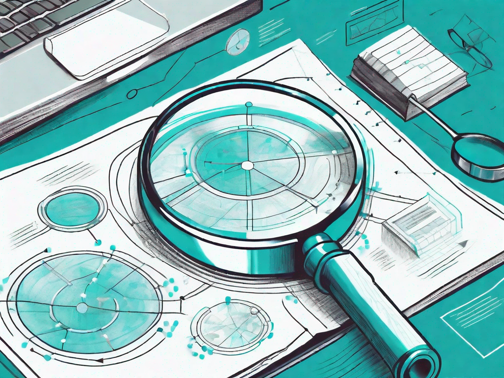 A magnifying glass hovering over a complex flowchart