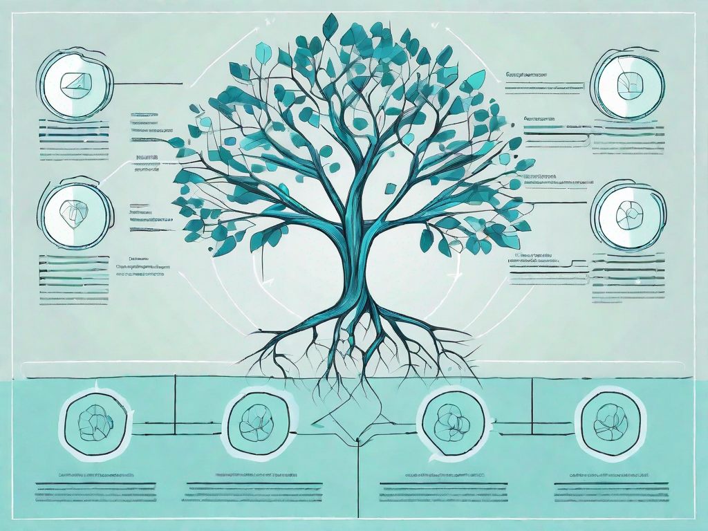 A detailed tree diagram with various branches symbolizing different aspects of business analysis such as data collection