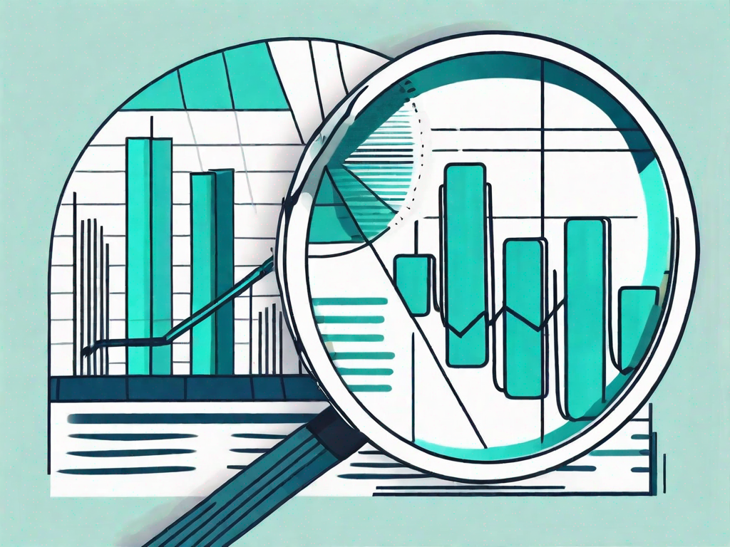 A magnifying glass focusing on a pie chart and bar graph