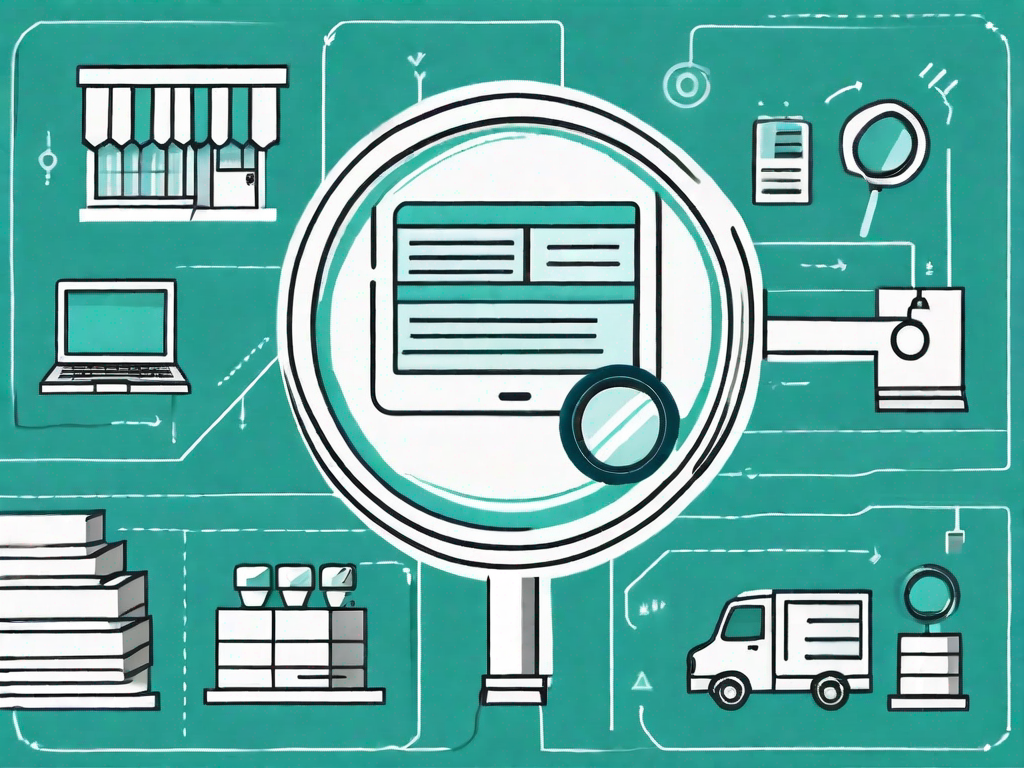 A magnifying glass examining a variety of business-related icons