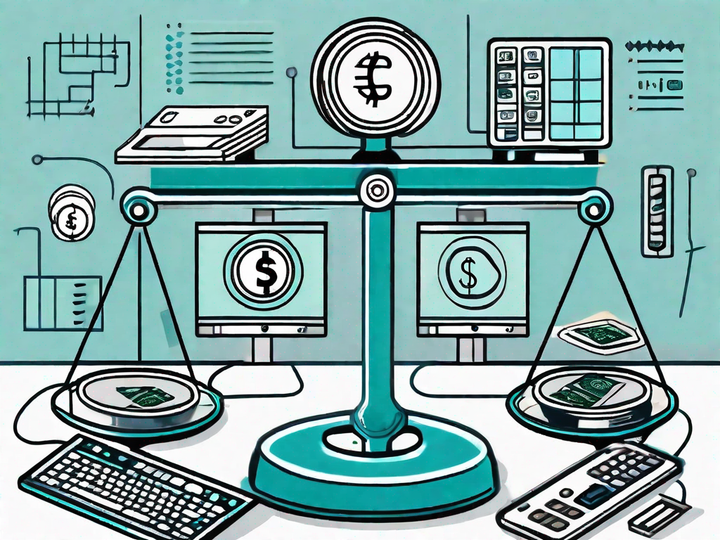 A balanced scale with computer hardware on one side and various symbols of currency on the other