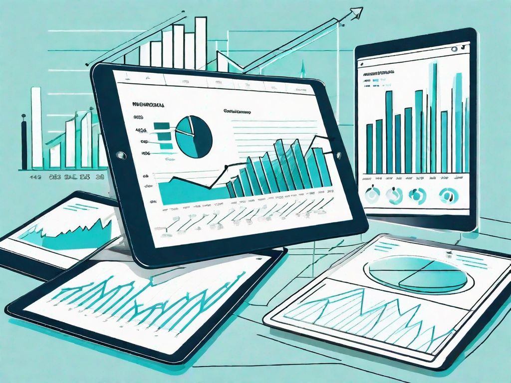 A digital tablet displaying various business graphs and charts