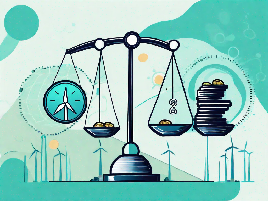 A balance scale with coins on one side and various energy symbols (like a wind turbine