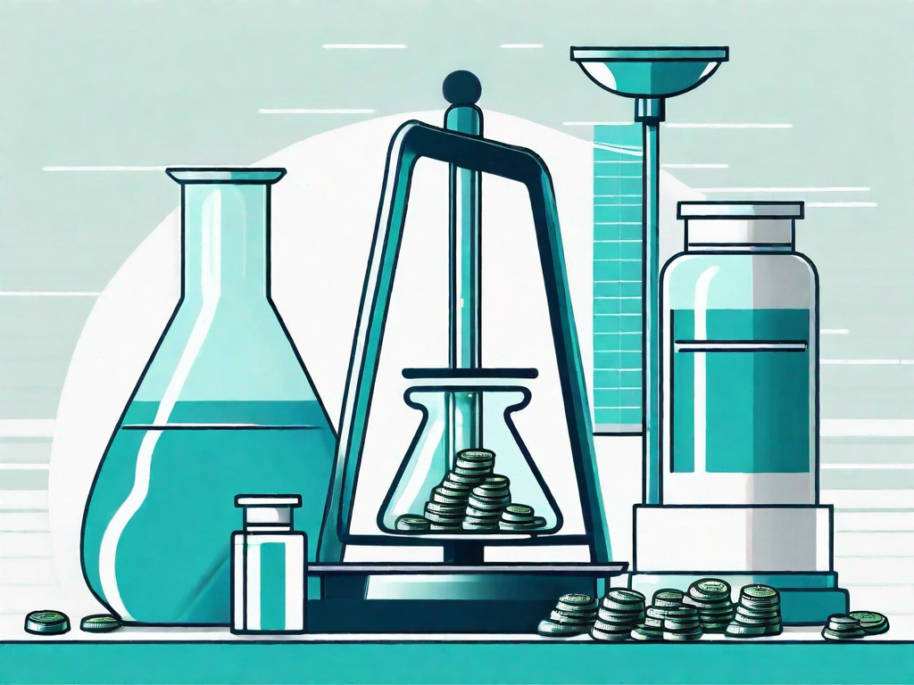 A pharmaceutical factory with a balance scale in the foreground