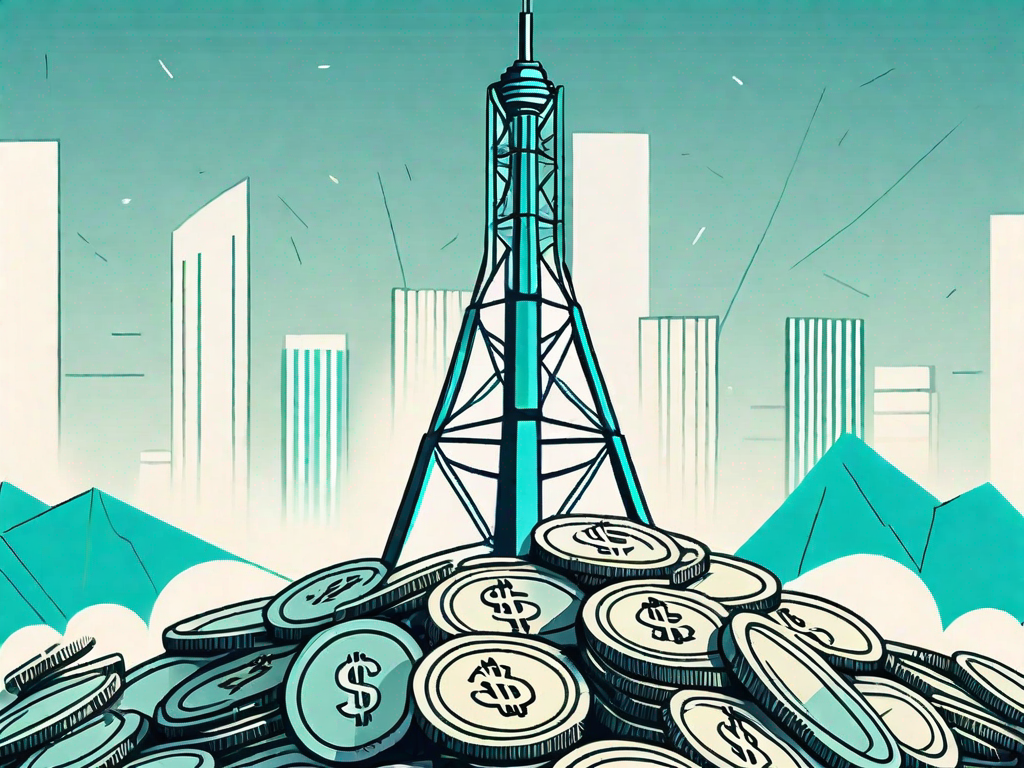 A telecommunications tower standing tall amidst a landscape of coins and dollar bills