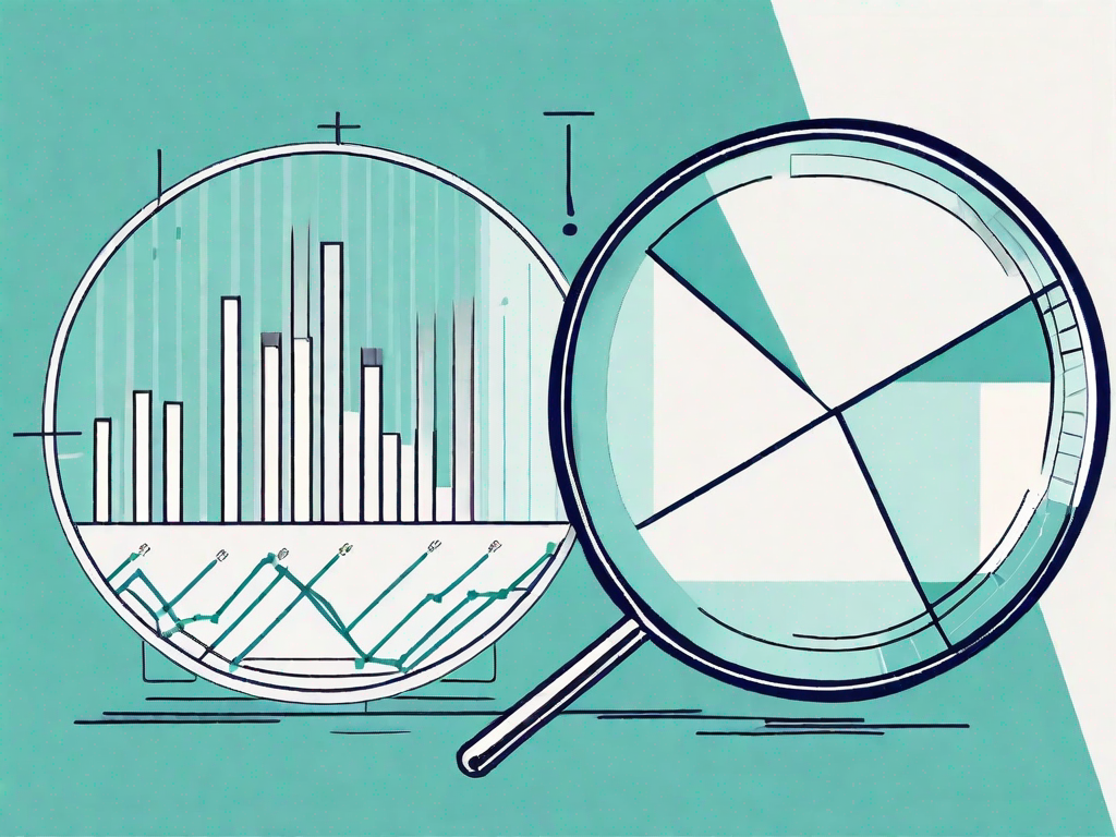 A magnifying glass hovering over a pie chart and bar graph