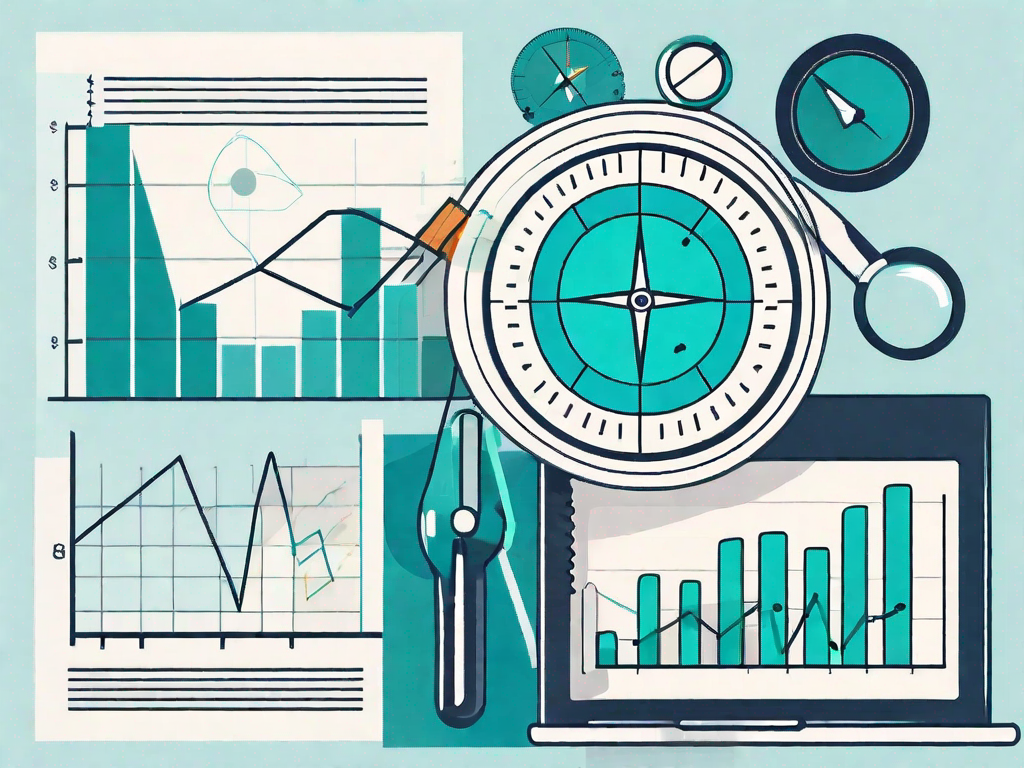 Various business tools such as a magnifying glass over a pie chart