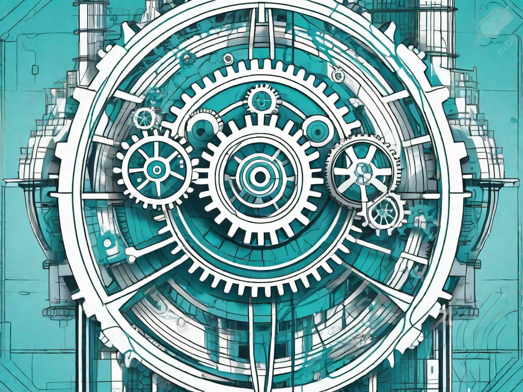 A large government building with gears and cogs integrated into its structure