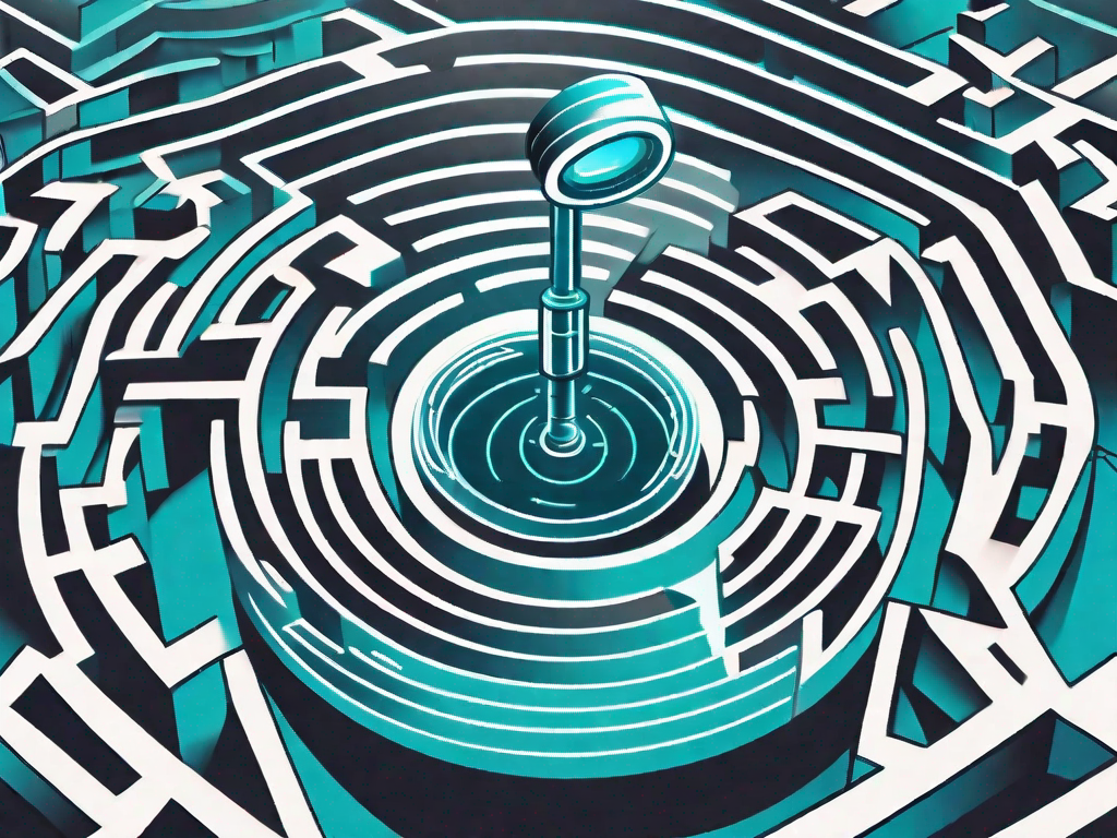 A magnifying glass hovering over a complex labyrinth