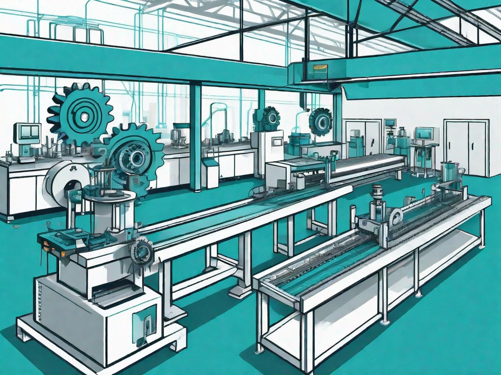 A manufacturing assembly line with various machines and conveyor belts