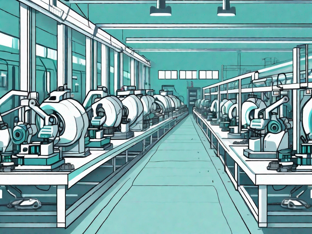 A factory assembly line with various car parts being assembled and automated machines operating on them