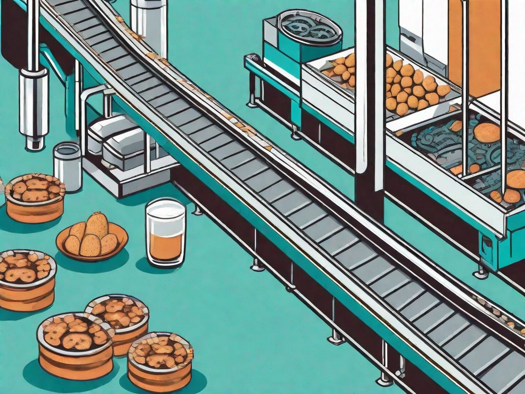 A conveyor belt in a factory setting with various food and beverage items moving along it